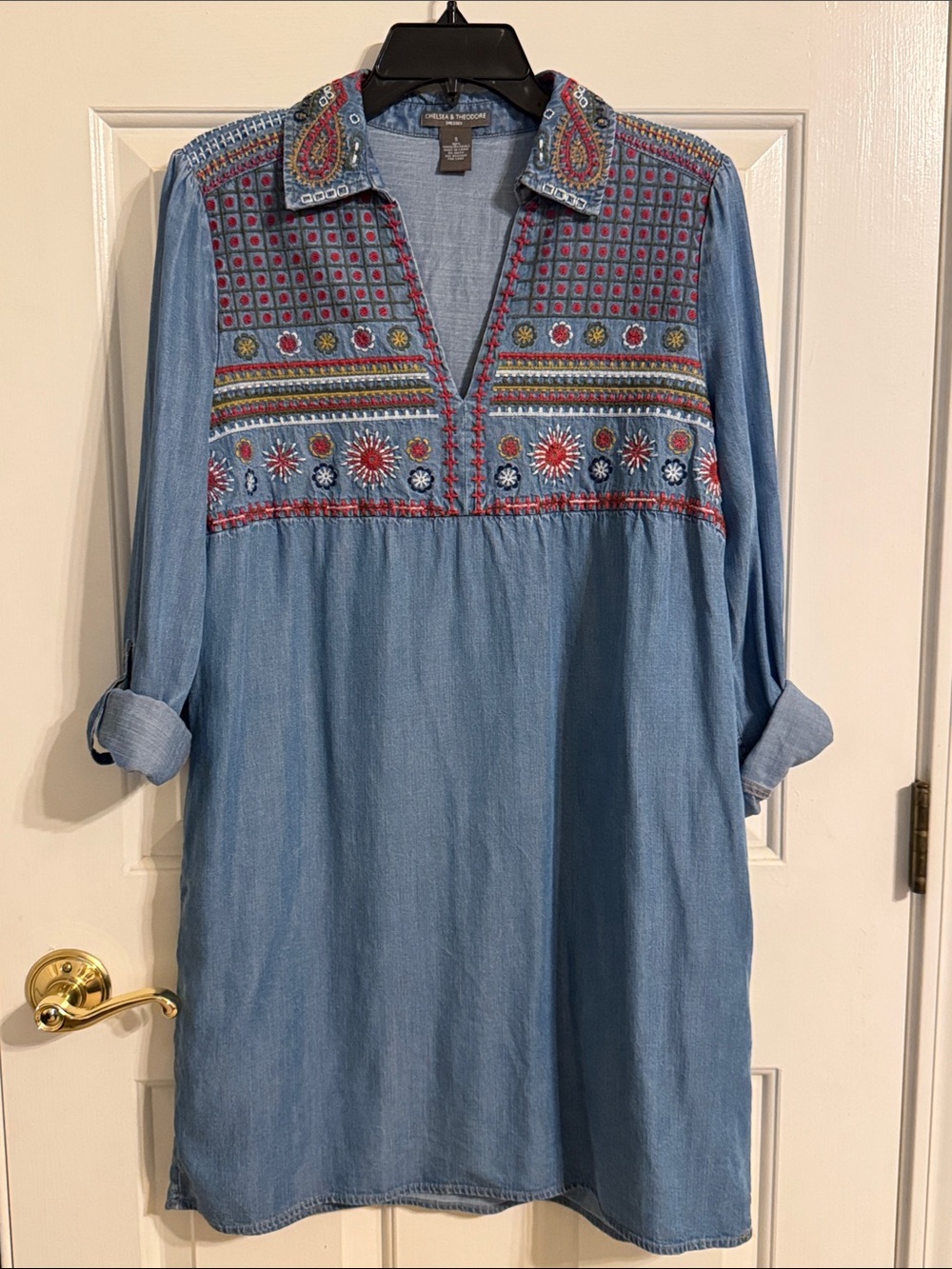 Chelsea & Theodore Light Blue Embroidered Chambray Tunic Dress